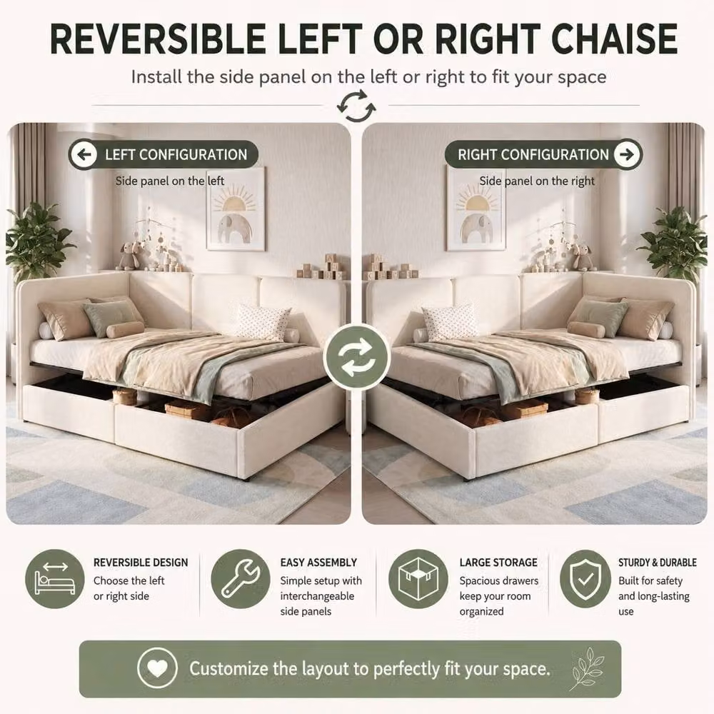 Rolipo Single Ottoman Daybed with Storage, Beige Bouclé Upholstered Asymmetric Chaise, W/D/H: 90 x 190 cm – 6