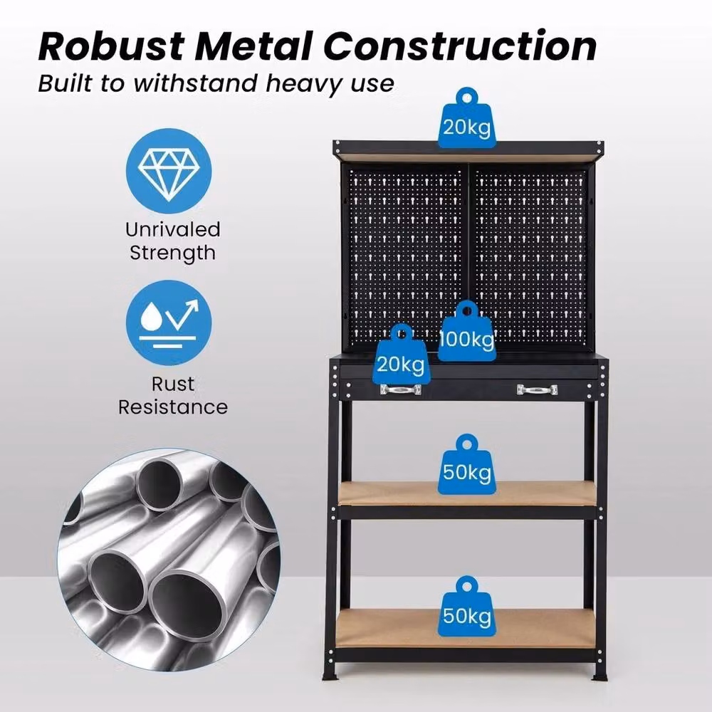 VOGREX Black Metal and Plastic Workbench Tool Storage with Pegboard and Shelves – 3