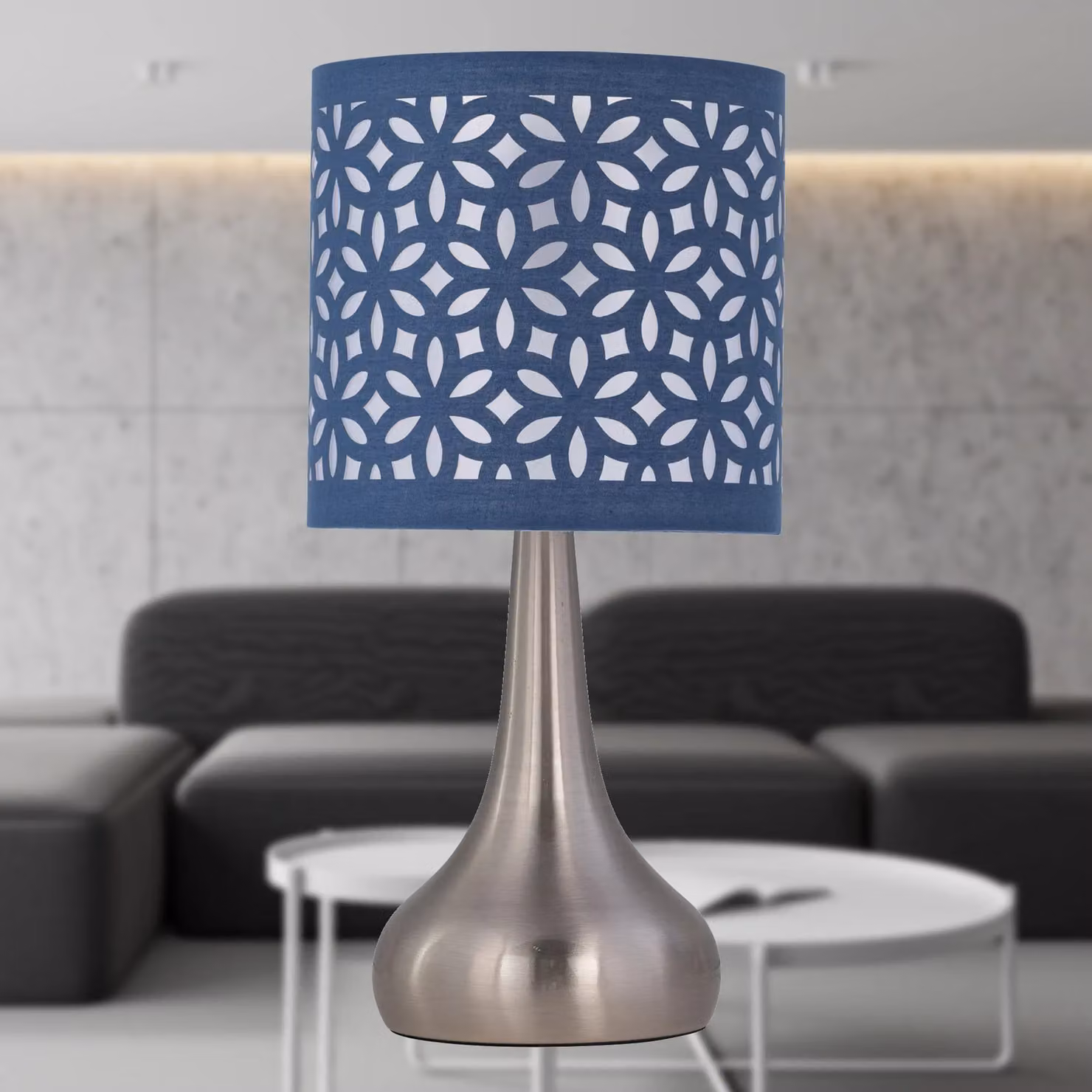 First Choice Lighting Romana Set of 2 Brushed Chrome Touch Table Lamps with Navy Blue Fabric Shades – 5