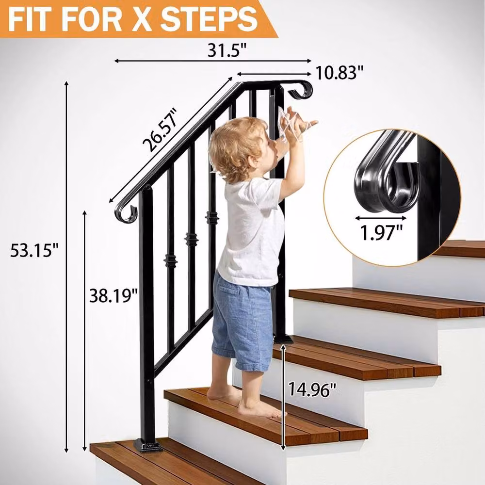 PAWNORA Matt Black Wrought Iron Round Picket Stair Rail Handrail – 2