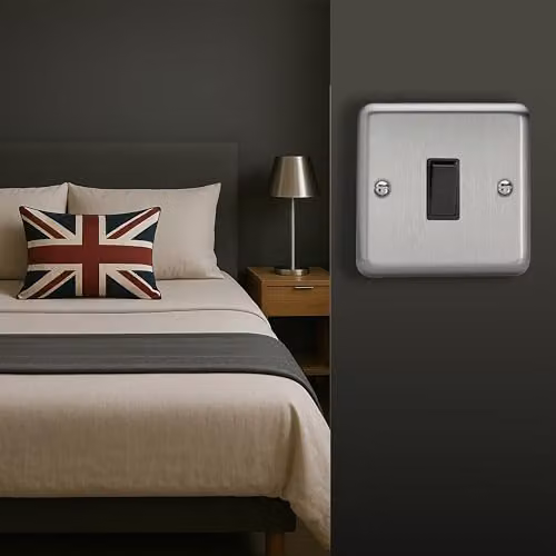 Varilight Single Rocker 2-Way Light Switch, Matt Chrome with Black Rocker, W/D/H: 8.6 x 8.6 x 2.5 cm – 2