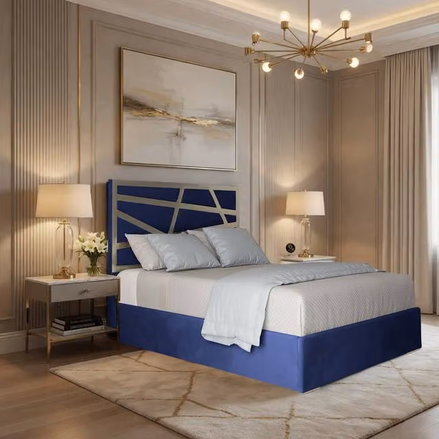 Casani Embleton Modern Upholstered Velvet Bed Frame in Blue with Metal Details, W/D/H: 180 x 200 x 127 cm (Height: 189 cm)