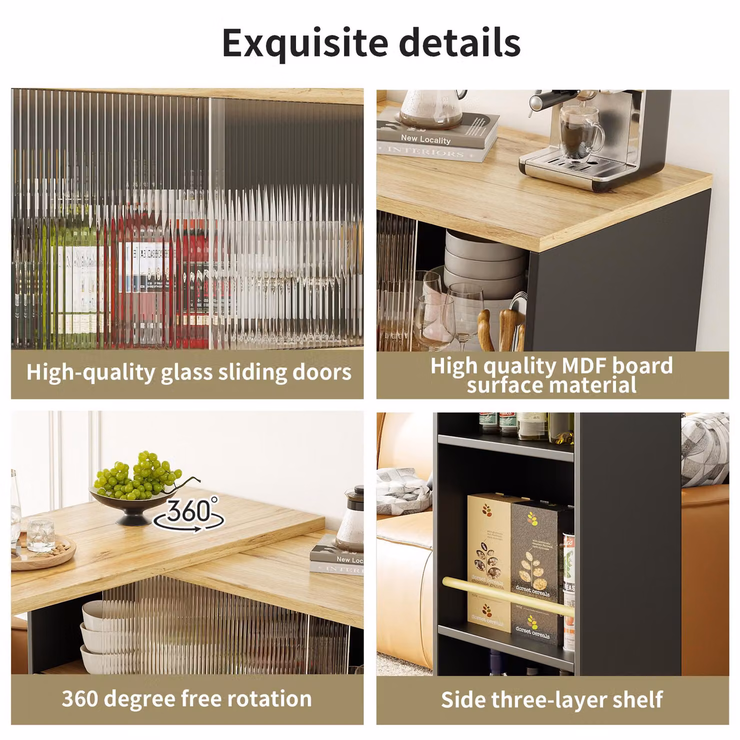 Aosom UK 360 Degree Rotating Bar Cabinet with Sliding Glass Doors and Open Shelves, Black, W/D/H: 120 x 90 x 100 cm – 6