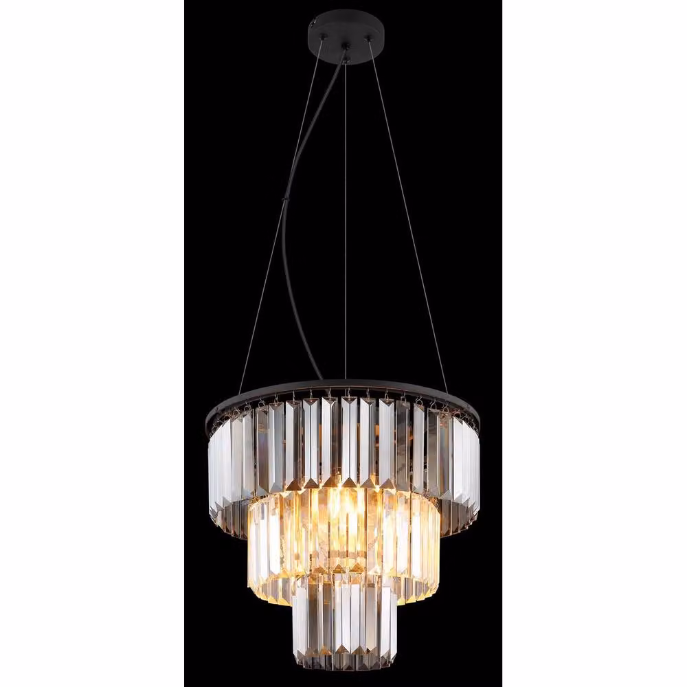 Globo Lighting Black Metal Chandelier Pendant Light with Smoke Glass Crystals and 3 x E27 Bulbs, H 120 cm x W 40 cm x D 40 cm – 4