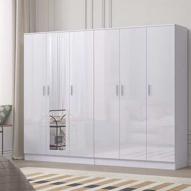 REFLECT Gloss Wardrobe Bundle featuring a 3-door mirror wardrobe and a 3-door plain wardrobe in White Gloss and Matt White
