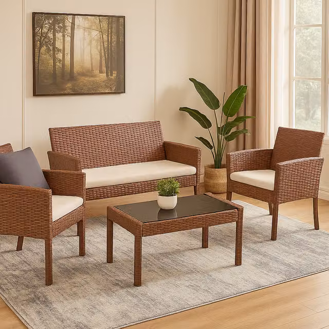 Homerepublic 4 Piece Modern Rattan and Metal Furniture Set in Brown