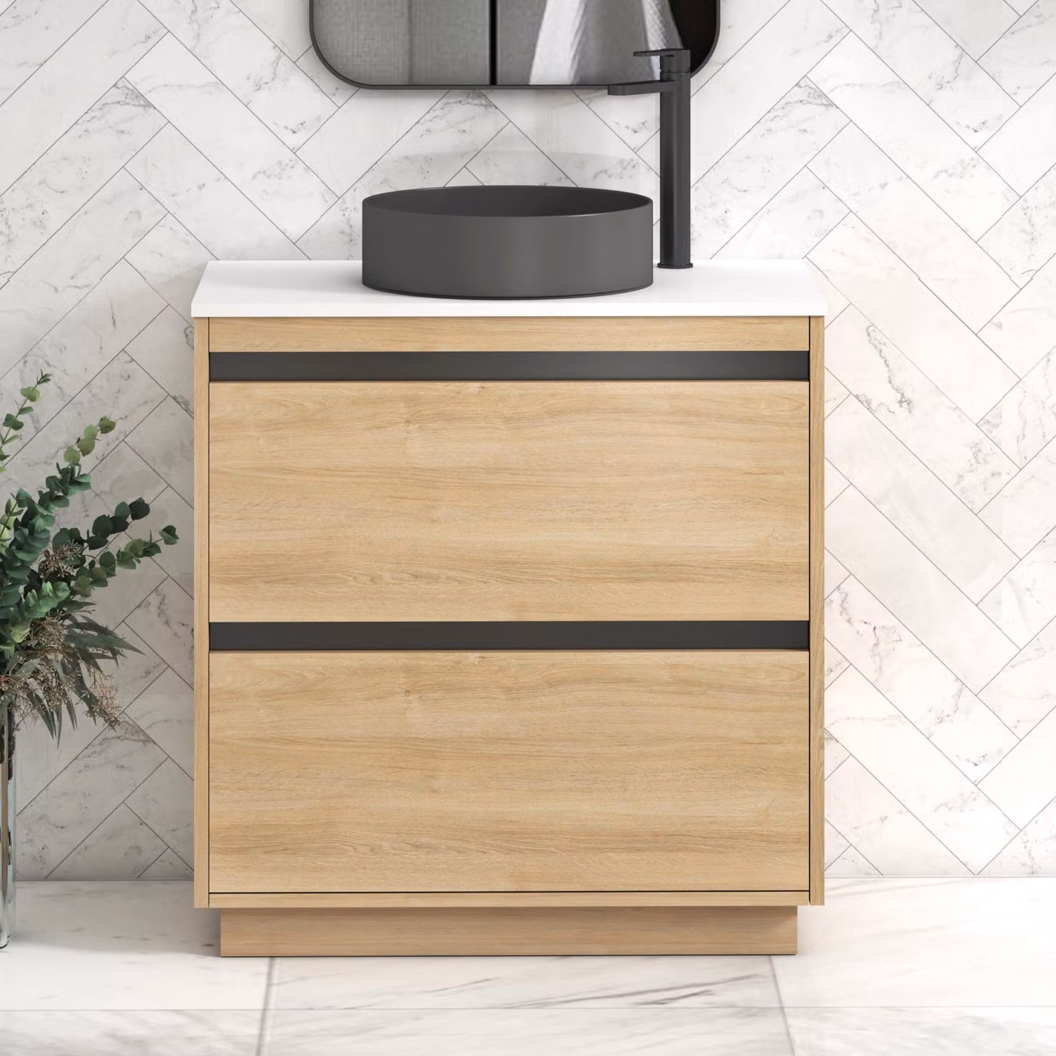 Royal Bathrooms Orion 800mm Natural Oak Floor Standing 2 Drawer Vanity Unit with White Countertop and Art Round Basin