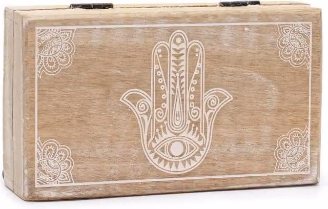KDMD Med Square Box with Hamsa Motif in Brown Wood, W: 17 cm, D: 10 cm, H: 4.2 cm