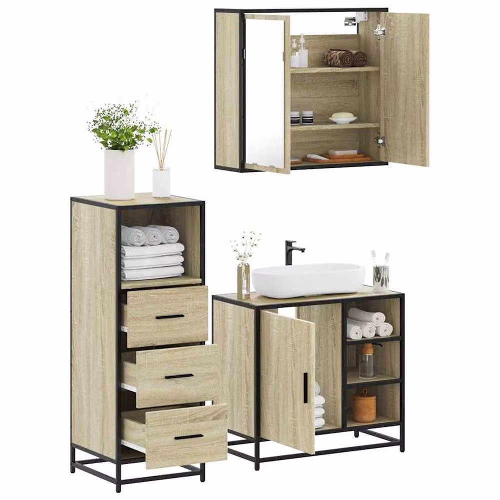 Berkfield Home 3 Piece Bathroom Furniture Set in Sonoma Oak and Light Brown – 2