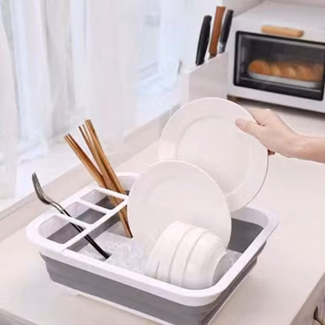 Livingandhome Collapsible Dish Drainer Set with Drip Tray and Cutlery Holder, Grey