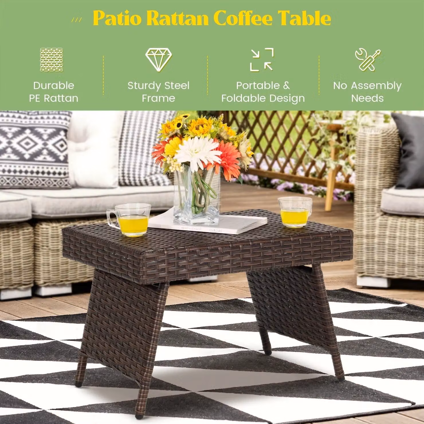 Costway Brown Wicker Folding Outdoor Patio Rattan Coffee Table and Side Table – 5