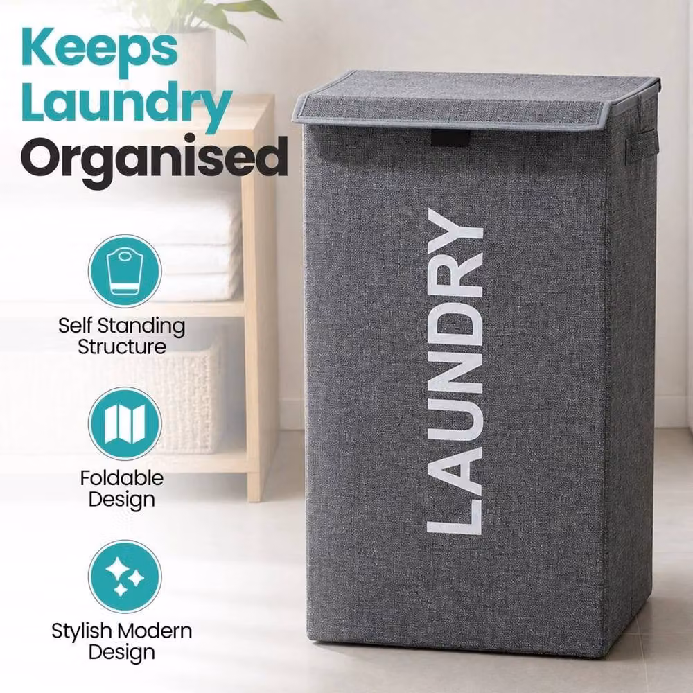 FORGEVIO Grey Collapsible Fabric Laundry Basket with Lid, W/D/H: 57 x 33 x 53 cm – 4