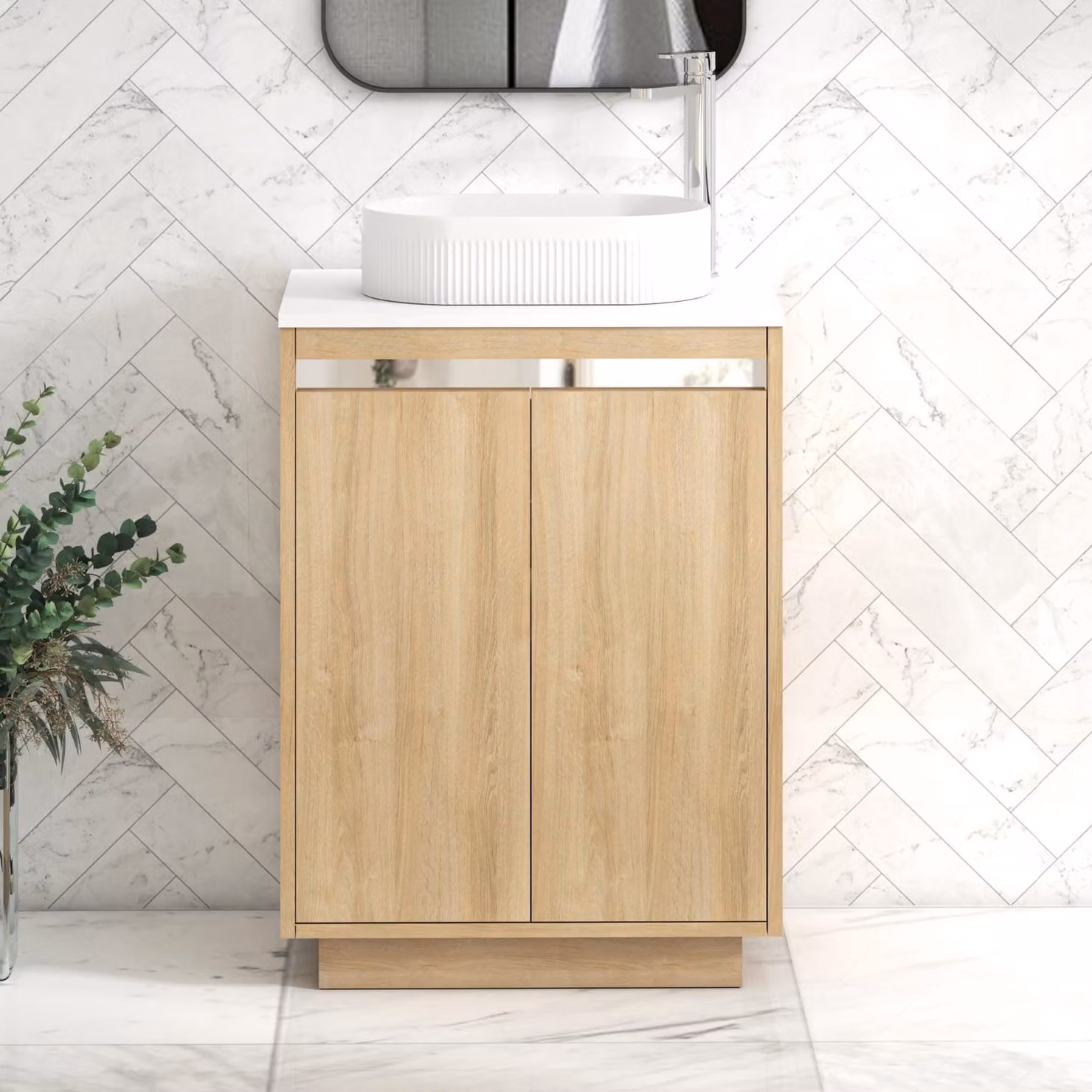 Royal Bathrooms Orion 600mm Natural Oak Floor Standing 2 Door Vanity Unit with Lyon Basin and Chrome Accent Trim