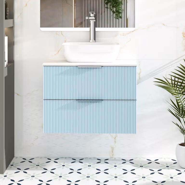 Royal Bathrooms Evora 700mm Powder Blue Fluted Wall Hung Vanity Unit with 2 Drawers and White Stone Countertop Basin