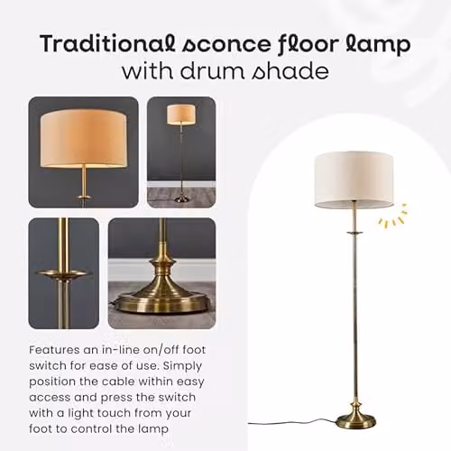 MiniSun Antique Brass Floor Lamp with Black Fabric Drum Shade