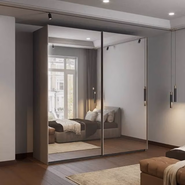 MN Furniture Modern Grey Double Mirror Sliding Wardrobe with Integrated LED Lighting, W: 200 cm, H: 217 cm