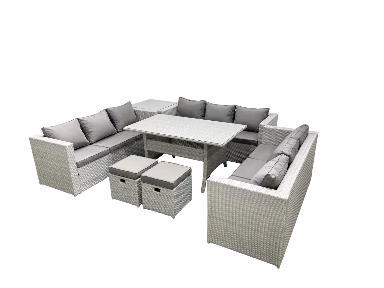 Fimous 11 Seater Rattan Garden Furniture Set with Rectangular Dining Table, 2 Footstools and Side Table in Light Grey – 2