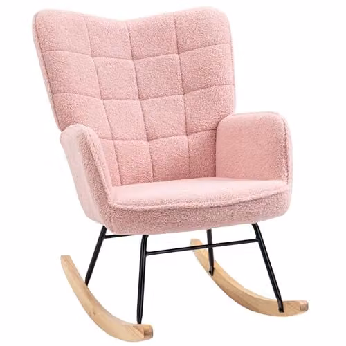 HOMCOM Pink Bouclé Wingback Rocking Chair with Armrests and Metal Frame