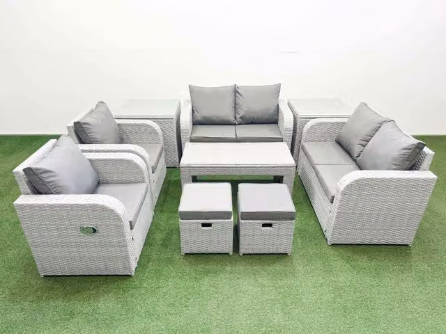 Fimous 8 Seater Rattan Garden Furniture Set in Light Grey with Reclining Chairs, 2 Seater Sofa, Coffee Table and Ottomans