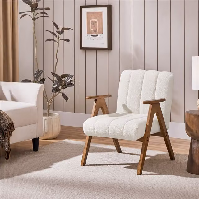 Yaheetech Mid Century Modern White Bouclé Fabric Accent Armchair with Rubberwood Legs