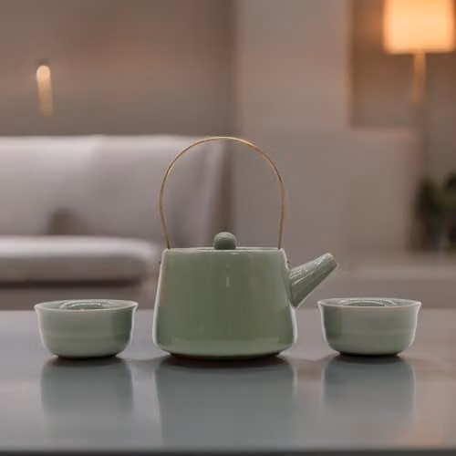 KDMD Ceramic Herbal Jade Teapot Set with Pot and Two Cups in Green and Gold
