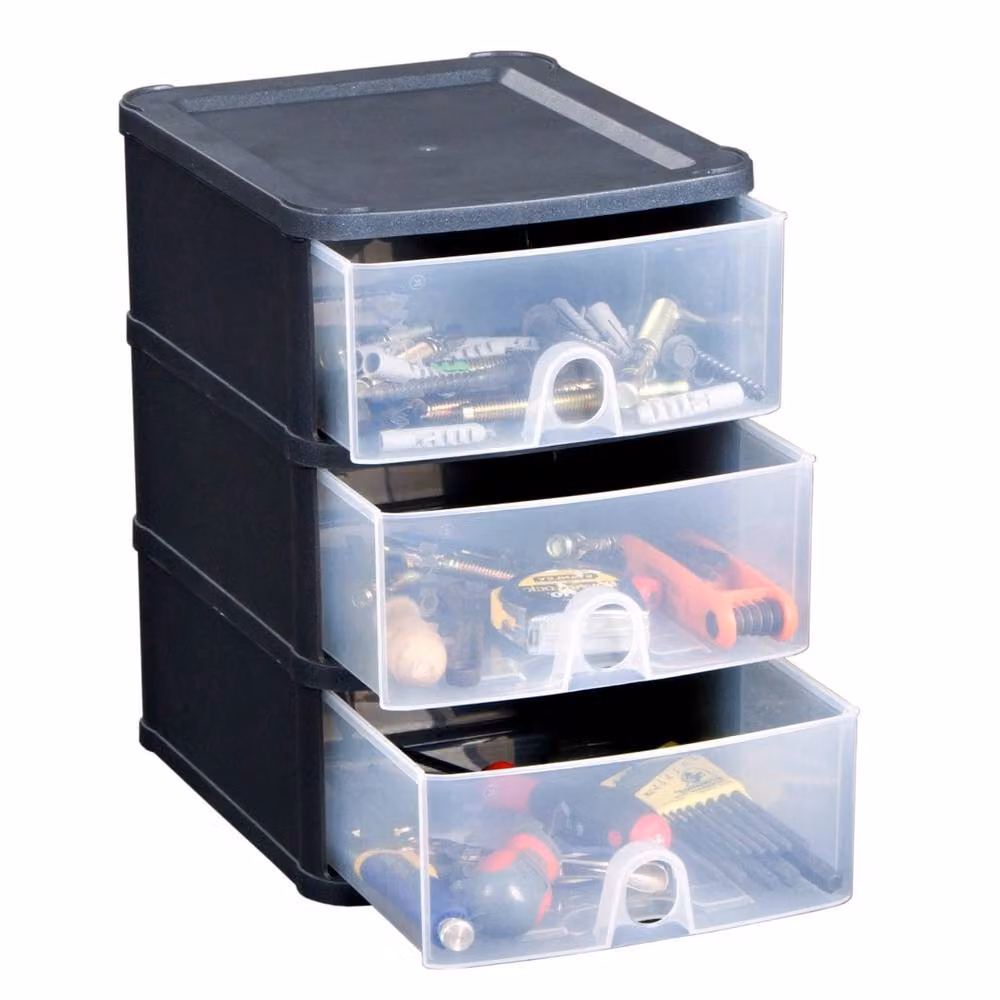 FORGEVIO 3-Tier Clear Drawer Storage Tower Desktop Stationery Organiser in Black and Transparent, W/D/H: 24.5 x 29.0 x 20.0 cm – 4
