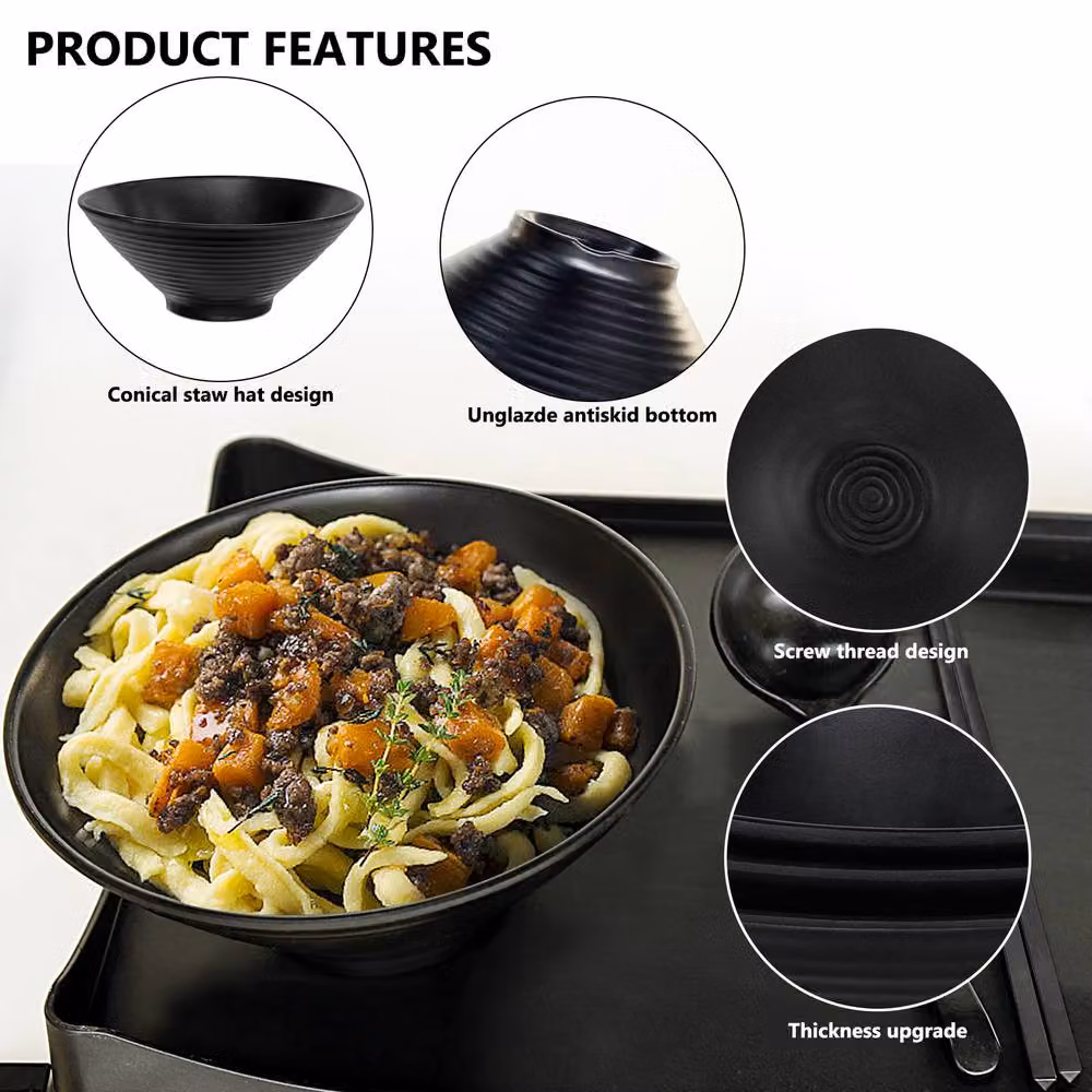 Greentainer Set of 4 Large Black Melamine Japanese Noodle Bowls with Chopsticks and Spoons – 7