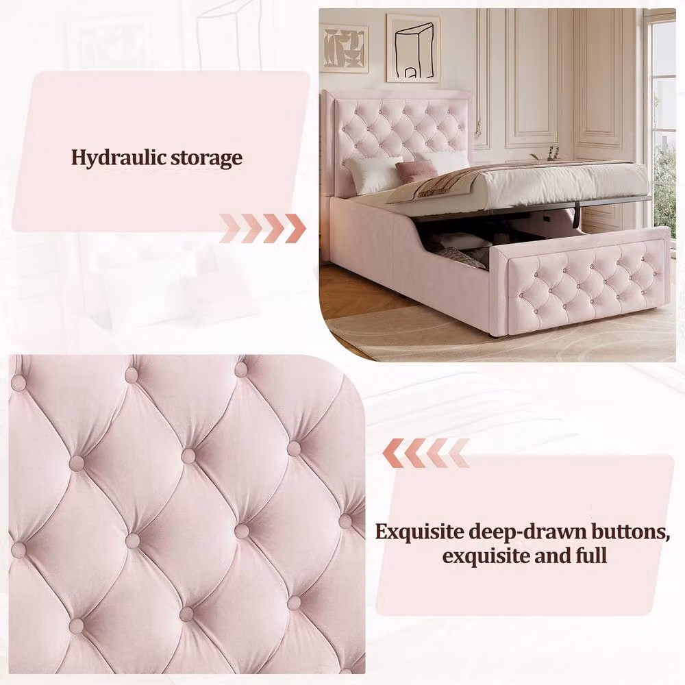 Rolipo Pink Velvet Upholstered Single Bed with Lift Up Storage and Headboard, W/D/H: 90 x 190 cm – 2