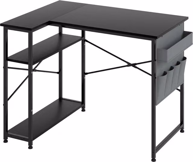 Levede L-Shaped Gaming Computer Desk with 2 Storage Shelves, Black, W/D/H: 170 x 70 x 75 cm