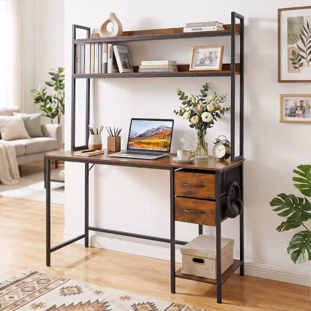 Gymax Industrial Reversible Executive Writing Desk with Hutch and Drawers, Brown – 1