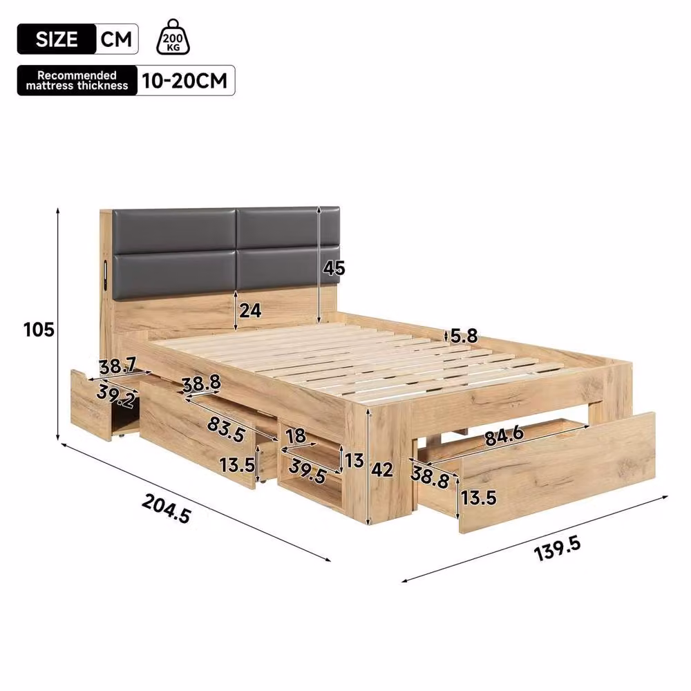 Merax Double Storage Bed with Drawers and Integrated LED Lighting in Brown, W/D/H: 135 x 190 x 105 cm – 2