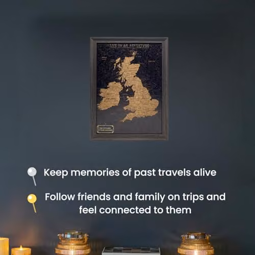 Splosh UK and Ireland Travel Map Pin Board with Black Cork and Wooden Frame, H 59 cm x W 59 cm x D 7 cm – 5