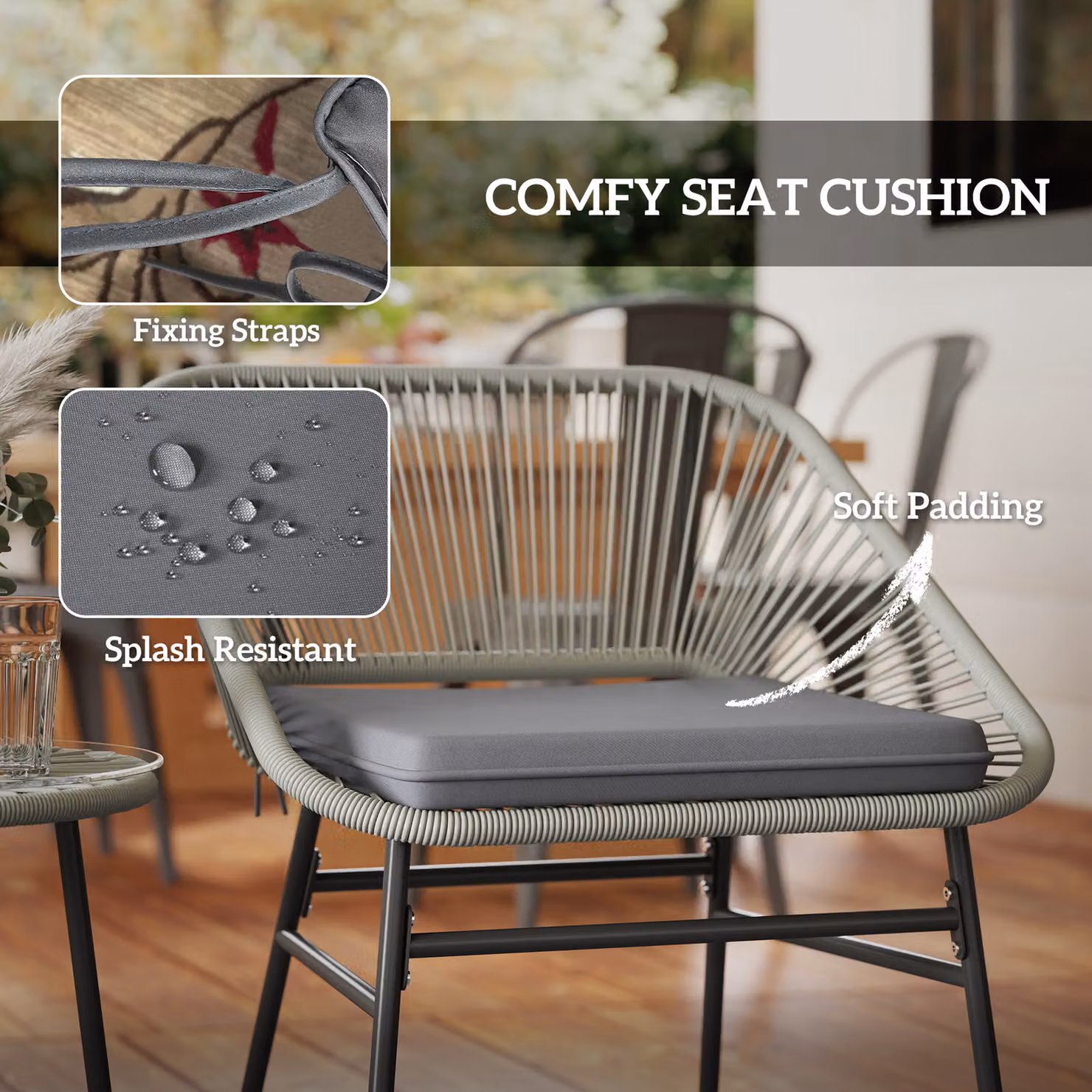 Outsunny 3 Piece Rattan Bistro Set with Glass Top and Cushions in Light Grey – 3
