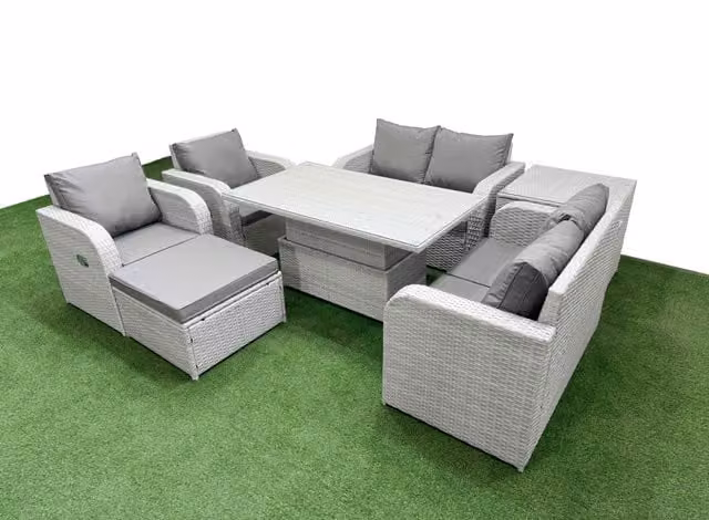 Fimous 7 Seater Grey Rattan Garden Furniture Set with L-Shape Sofa, Reclining Chairs, Coffee Table and Matching Ottoman