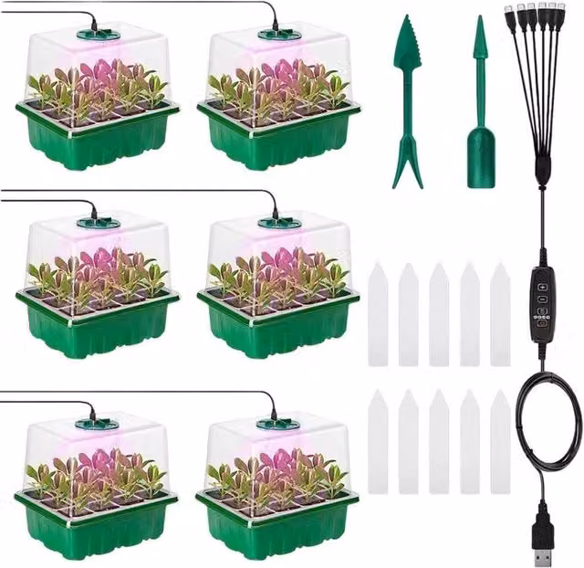 NESTLUNE 6-Piece Green Seed Starter Kit with LED Grow Light for Indoor Plants