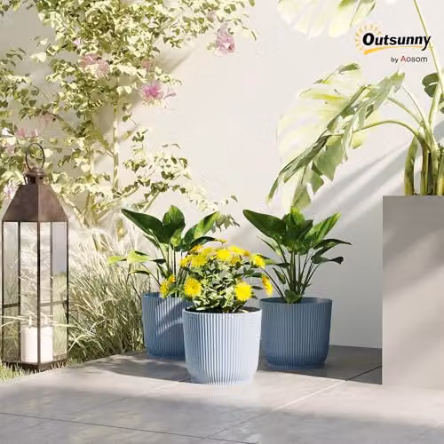 Outsunny Set of 3 Blue Plastic Round Plant Pots and Planters for Indoor and Outdoor Garden Use, Diameter: 22 cm – 2