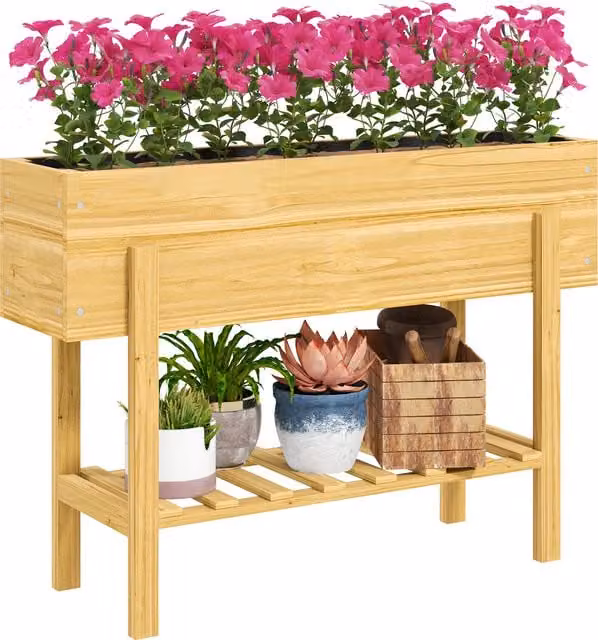 Outsunny Brown Elevated Wooden Raised Garden Bed with Shelf and Liner, W: 100 cm, H: 71 cm, D: 30 cm