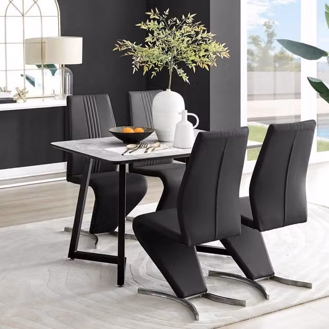 FurnitureboxUK Carson White Marble Effect Dining Table and 4 Willow Chairs in Black