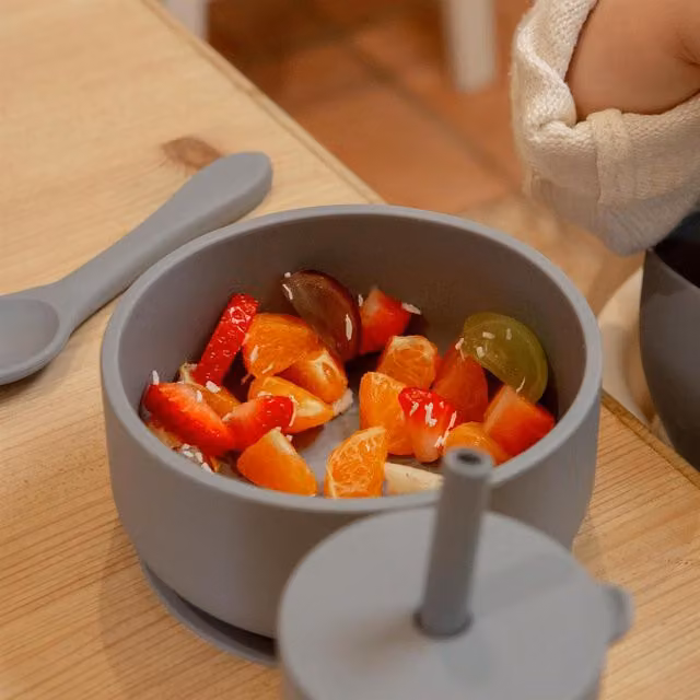 Tiny Dining Silicone Suction Bowl with Lid in Blue or Grey, Microwave Safe