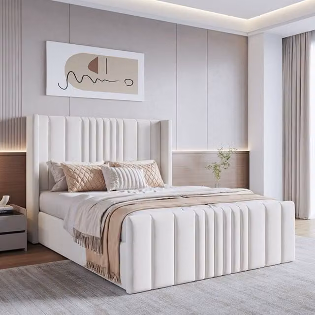 Modish Furnishing Mika Cream Velvet Upholstered Ottoman Storage Bed, W/D/H: 140 x 200 x 158 cm – 1