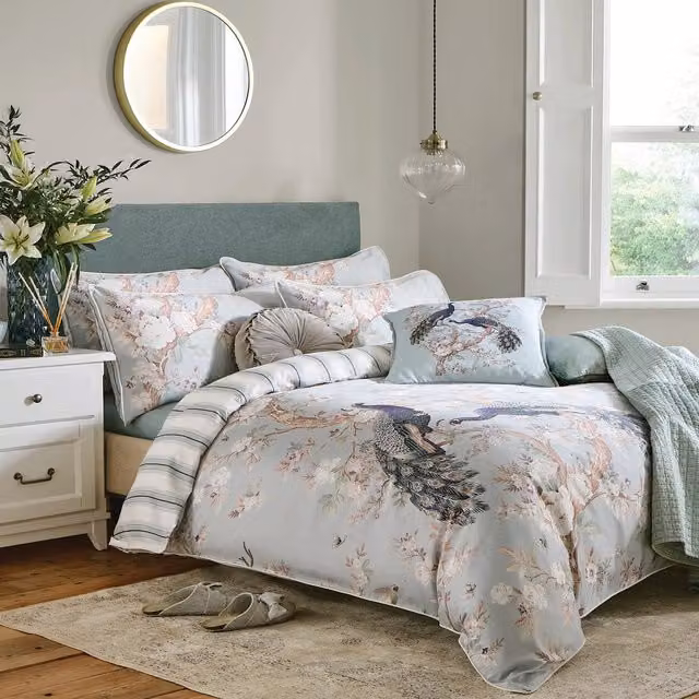Laura Ashley Belvedere Reversible Duckegg Blue Floral Cotton Mako Satin Duvet Cover and Pillowcase Set