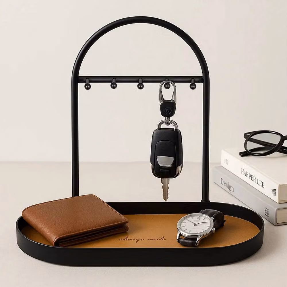 FLAVORA Modern Metal Key Holder Oval Tray with Shelf in Black – 4