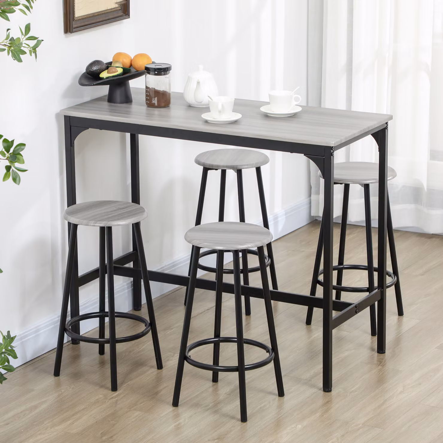 HOMCOM Five-Piece Industrial-Style Bar Table and Chair Set in Grey and Black – 2