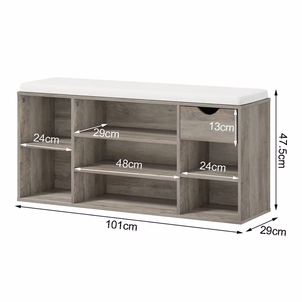 ERGOVEXA Grey Fabric Shoe Storage Bench with Cushion and Drawer – 2