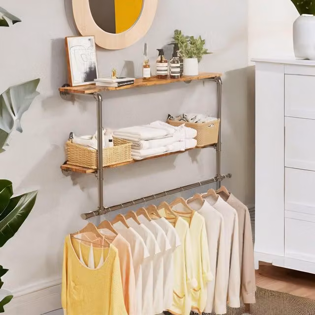 FURNOS Industrial Wall-Mounted Metal and Wood Clothes Hanging Rail in Brown and Black