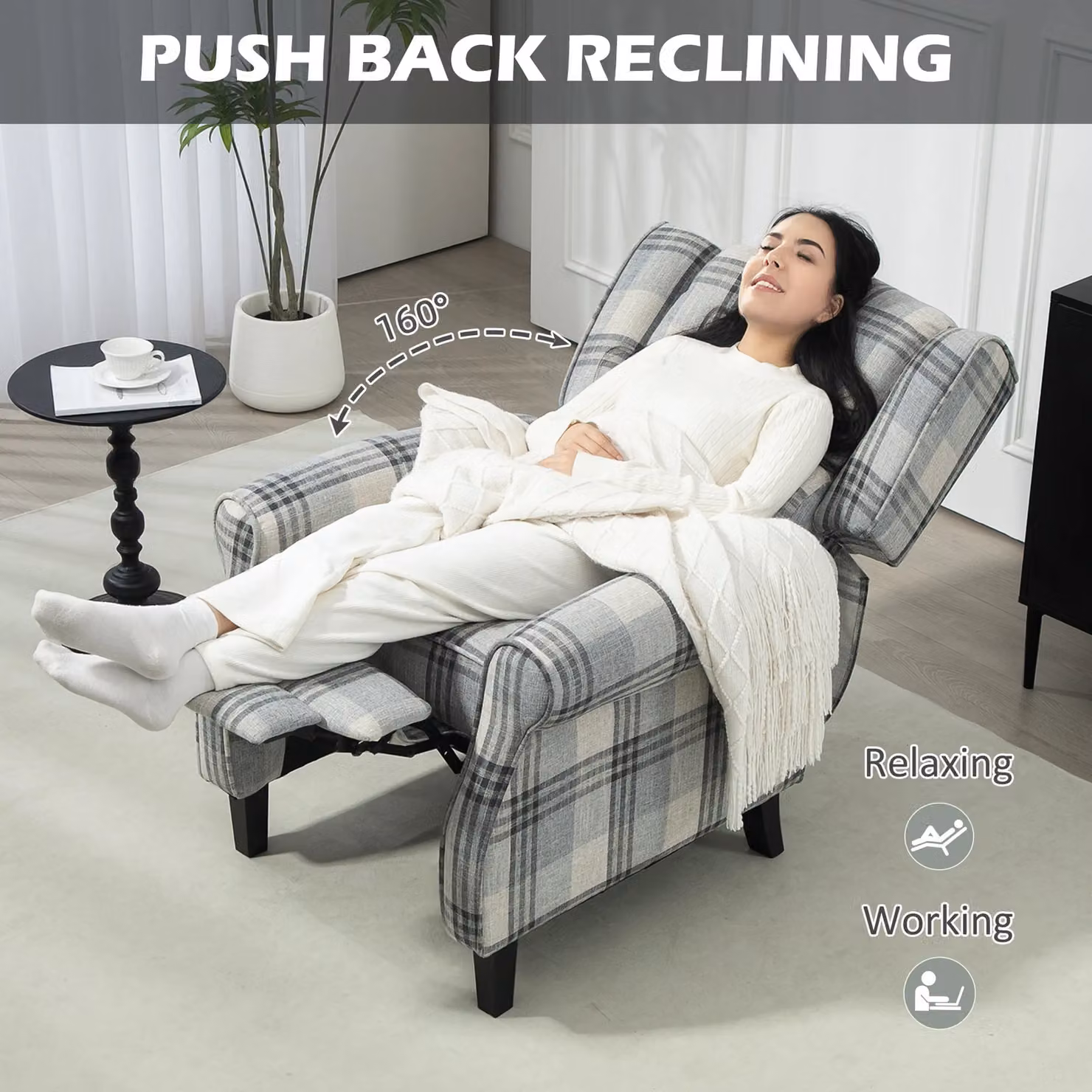 HOMCOM Grey Fabric Wingback Recliner Chair with Padded Armrests – 3