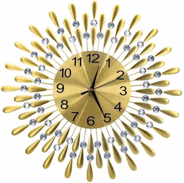 FLAVORA Modern Round Diamante Crystal Jewelled Wall Clock in Metallic Gold, Diameter: 38 cm