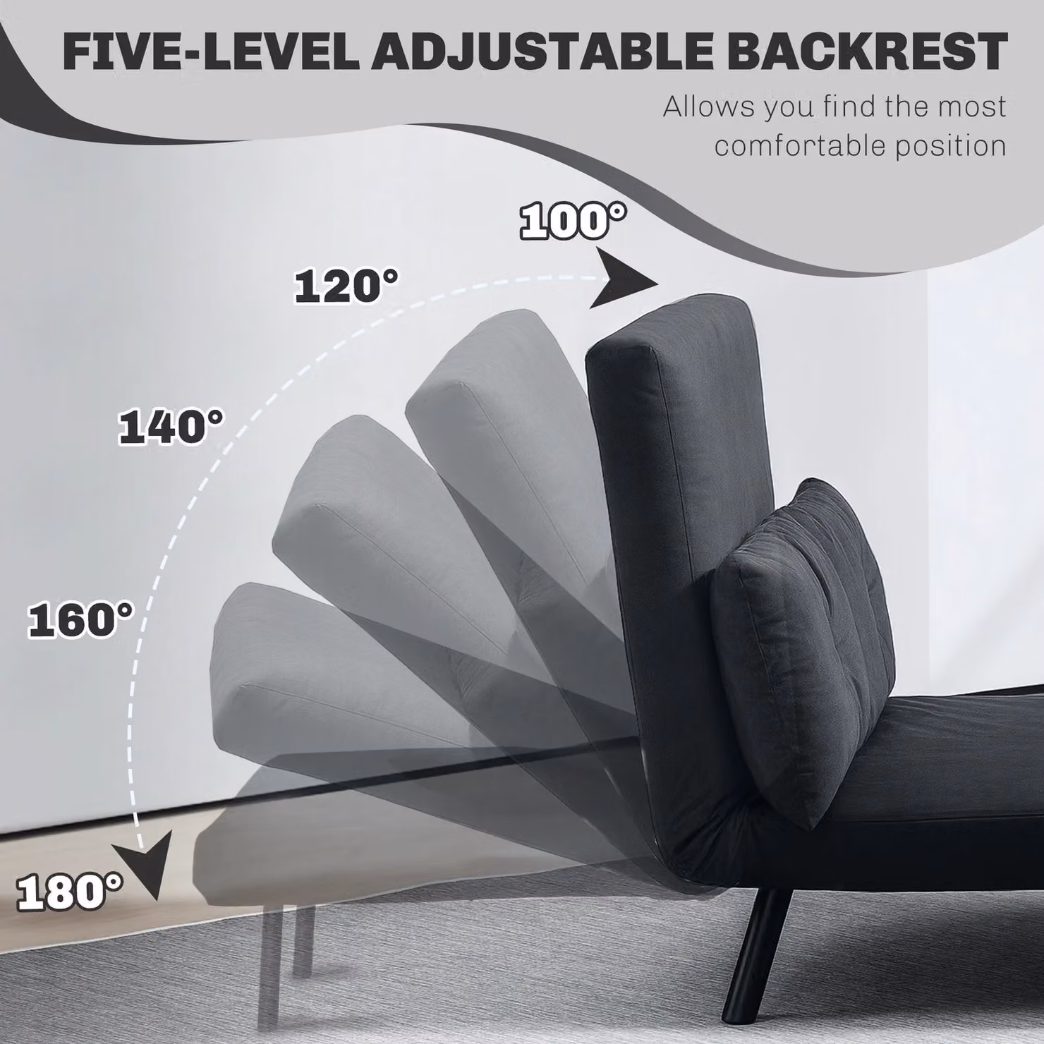 HOMCOM Black Velvet 2 Seater Click Clack Sofa Bed with Metal Frame – 5