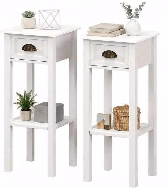 KORVIXA Set of 2 Modern 2-Tier Side Tables with Drawer and Shelf in White