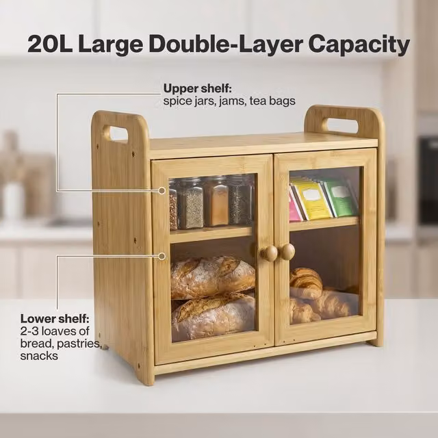 Toque 2-Tier Bamboo and Acrylic Bread Box with Acrylic Door, Yellow, 20L, W: 40.0 cm, D: 35.6 cm, H: 20.0 cm